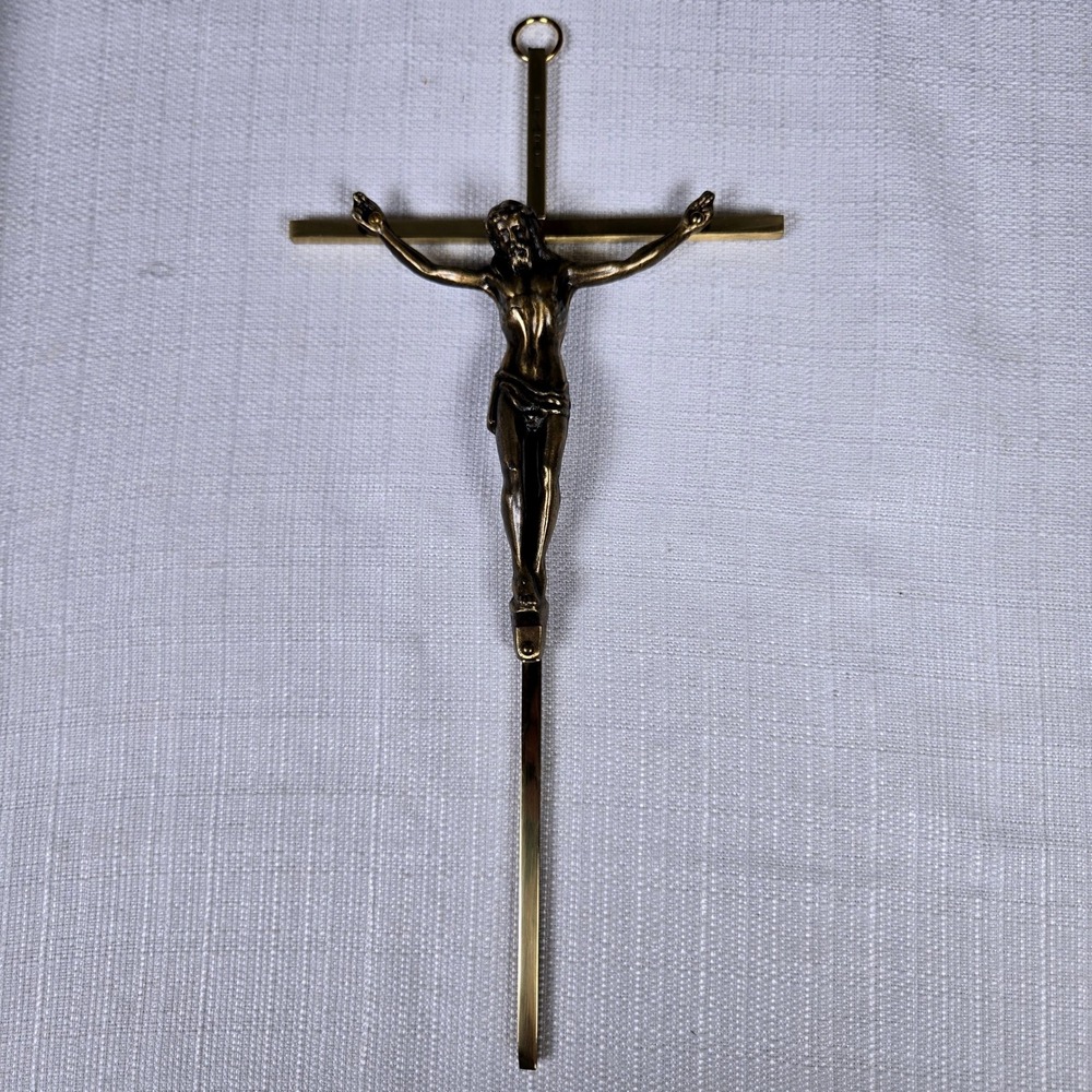 INRI Vintage Brass Crucifix 10 Inches Good Condition Jesus Wall Hanging Cross